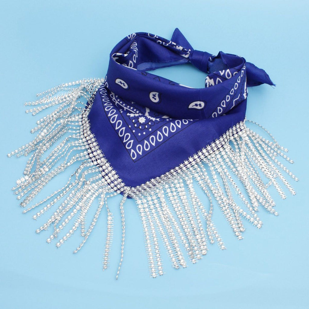 Statement Necklace Blue and White Bandana Bling Fringe Trendy Accessory