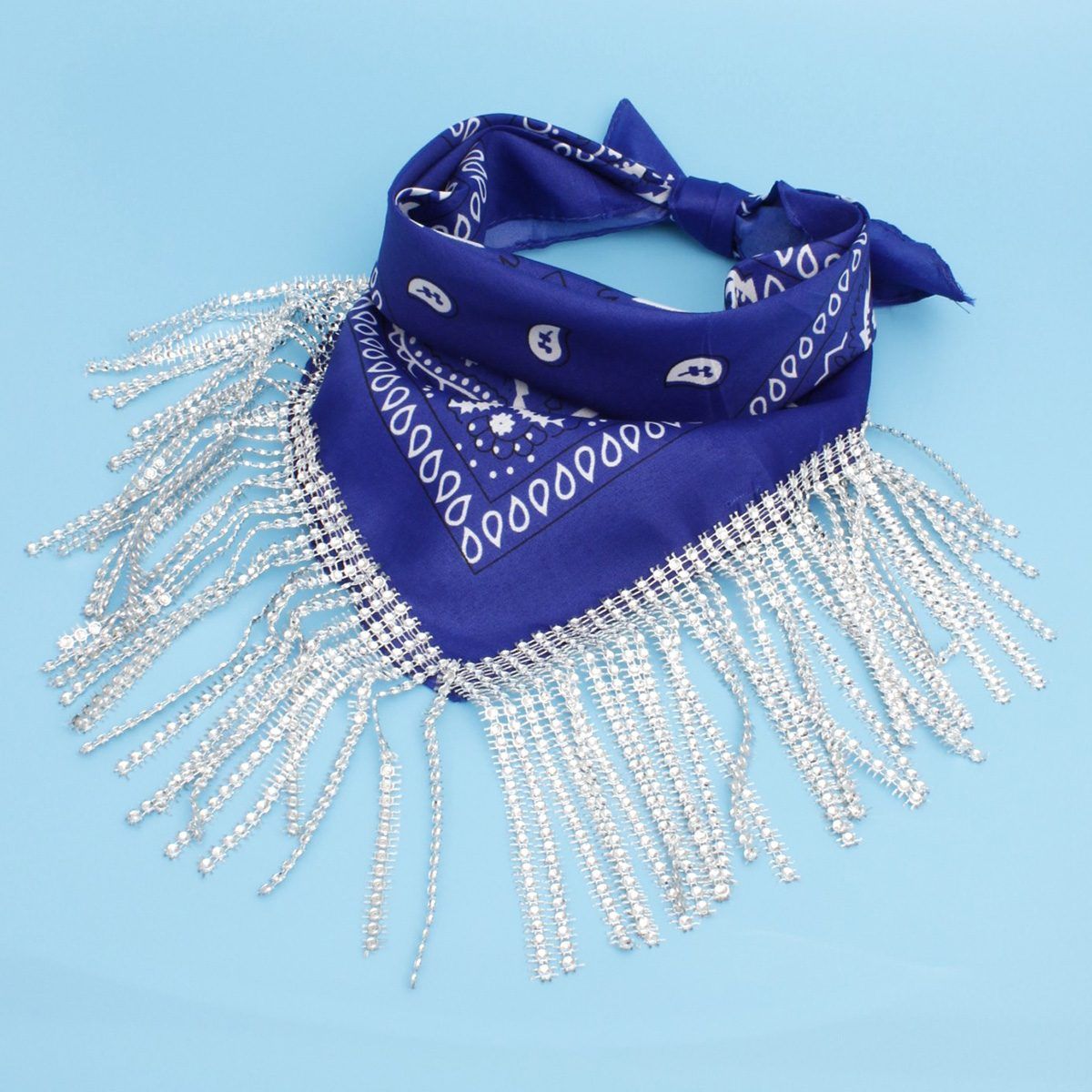 Statement Necklace Blue and White Bandana Bling Fringe Trendy Accessory
