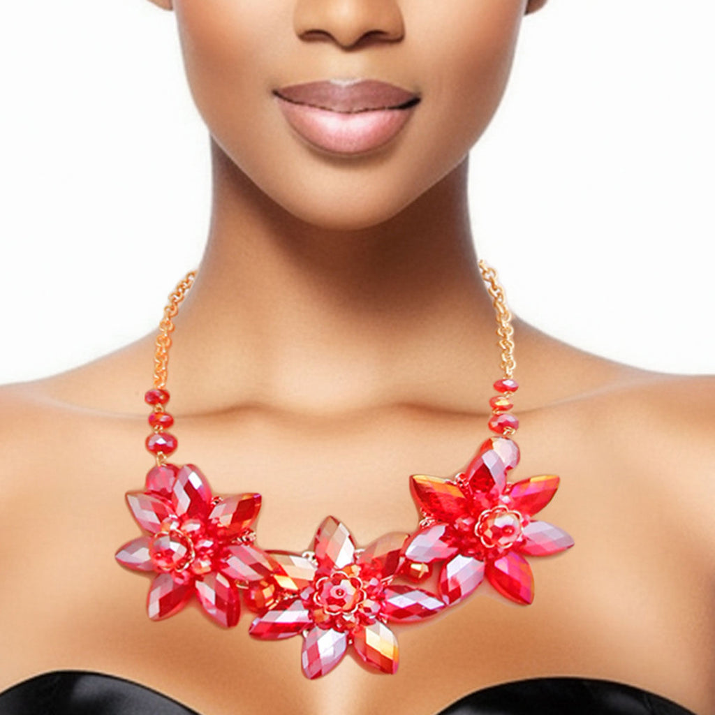 Statement Necklace and Collar Set Red Crystal Flower Trendy Jewelry