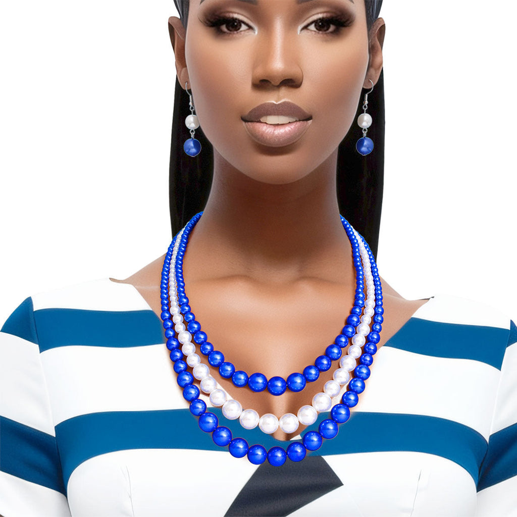 Statement Pearl Necklace 3 Strand Blue and White for Women