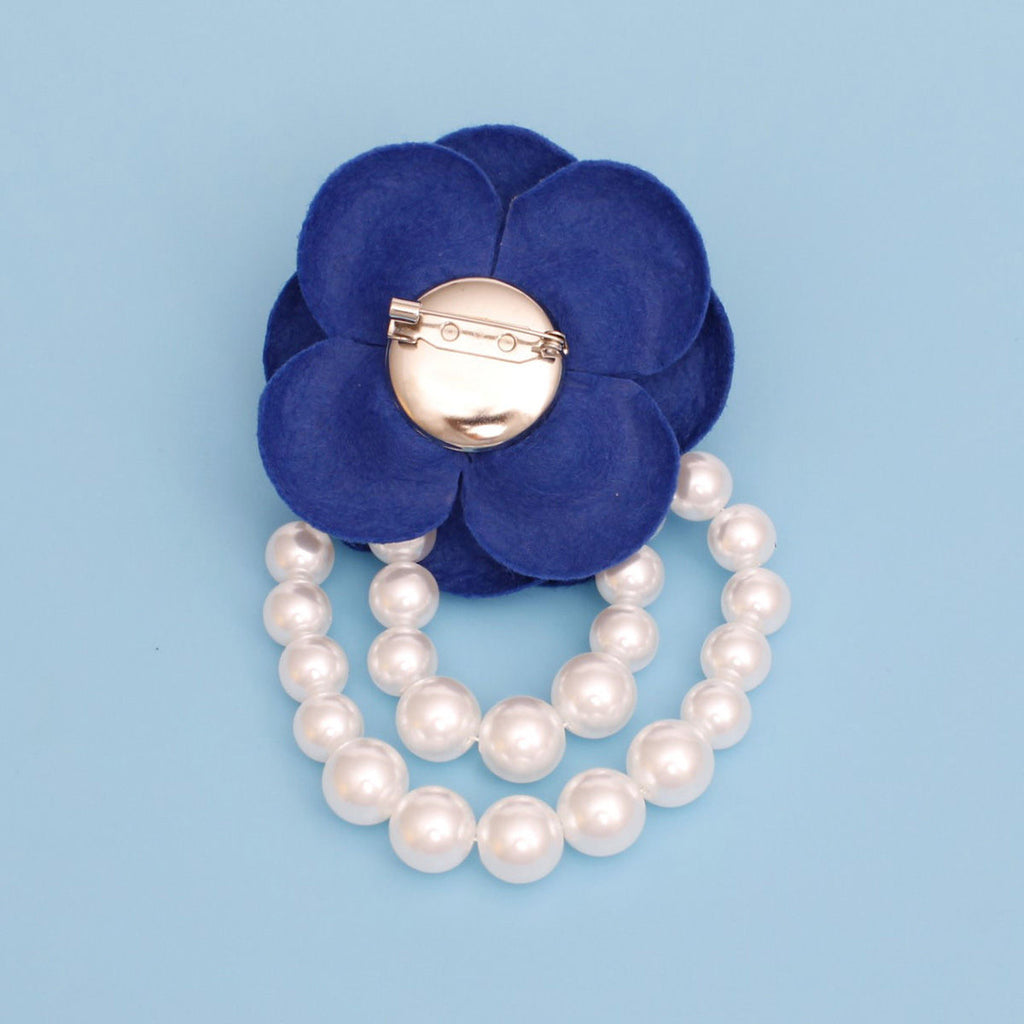 Brooch Pin Blue Flower Draped Pearls Stylish Statement Jewelry