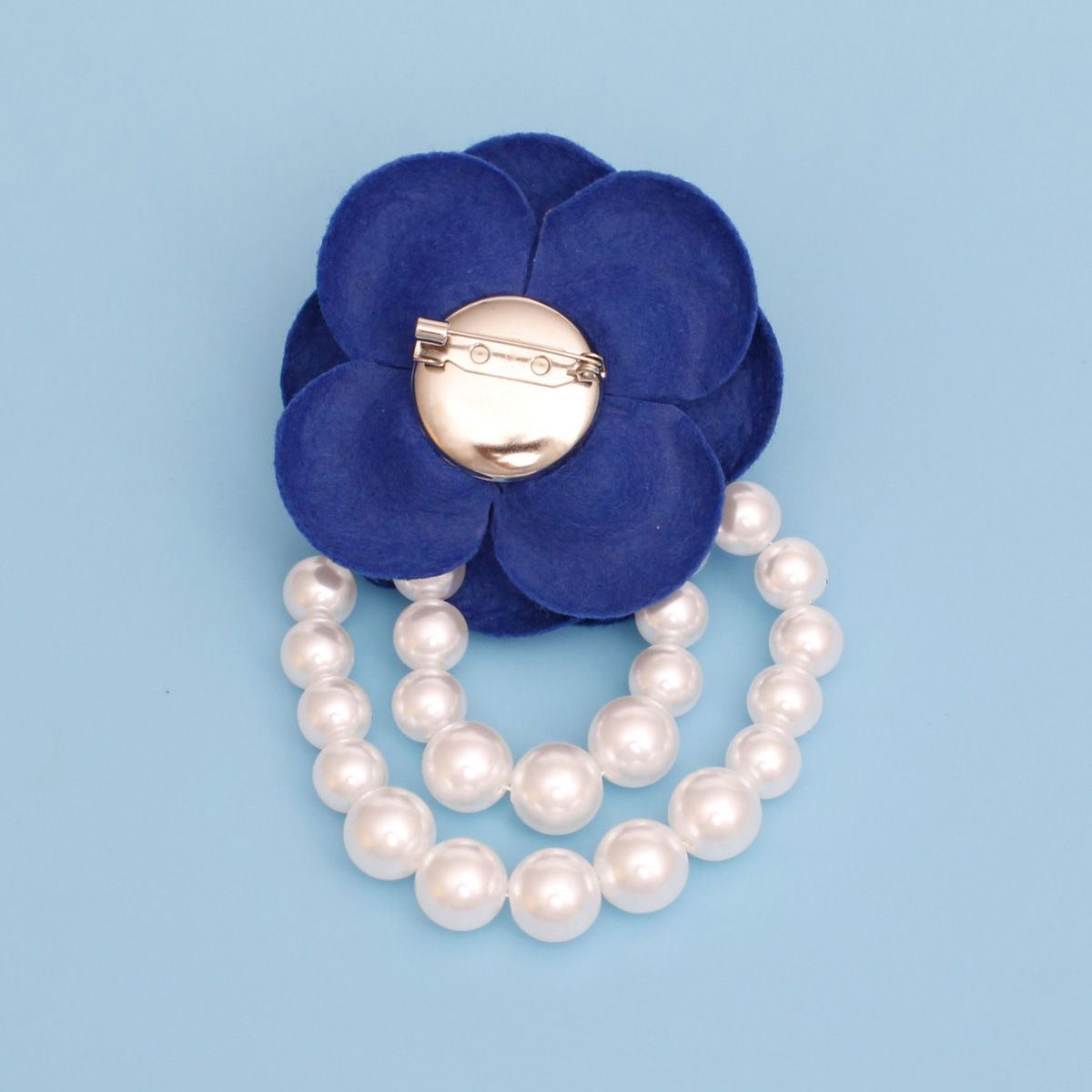 Brooch Pin Blue Flower Draped Pearls Stylish Statement Jewelry