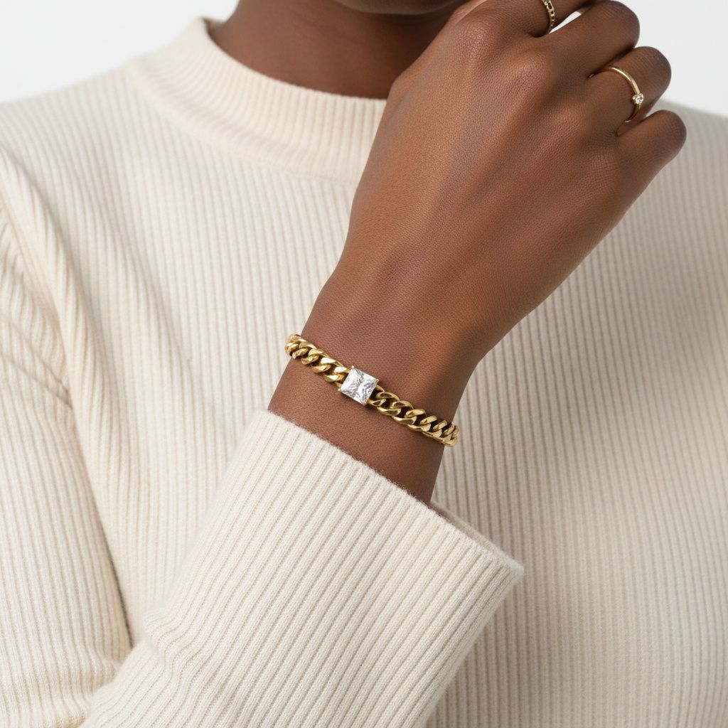 Cuban Chain Bracelet 18K Gold Steel with Princess CZ – Stylish Statement Jewelry