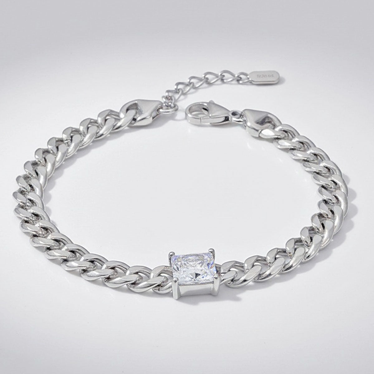 Cuban Chain Bracelet Silver Steel with Princess CZ – Stylish Statement Jewelry