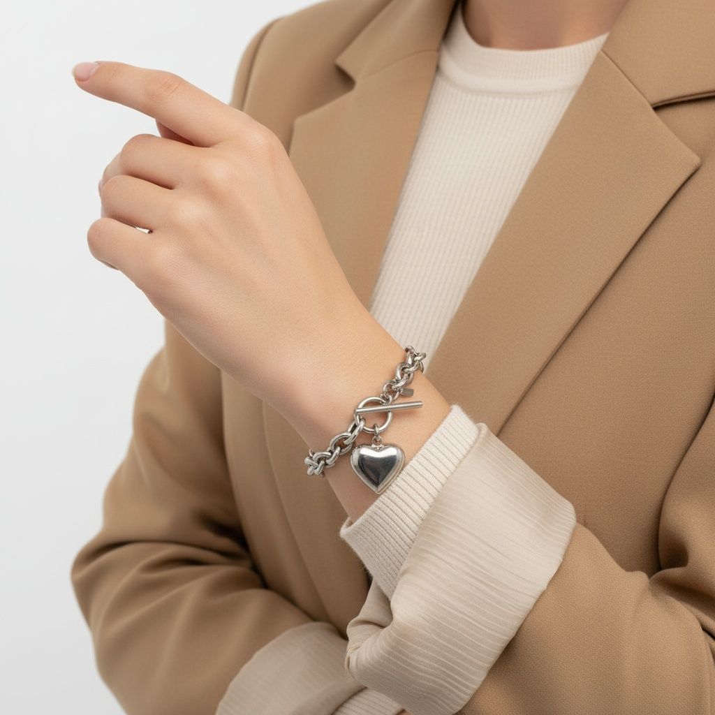 Bracelet Silver Steel Toggle Heart Rolo Chain Stylish Jewelry Accessory
