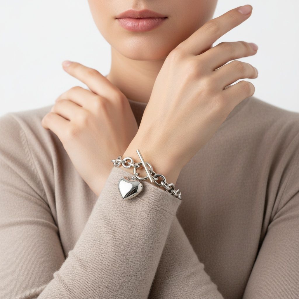 Bracelet Silver Steel Toggle Heart Rolo Chain Stylish Jewelry Accessory