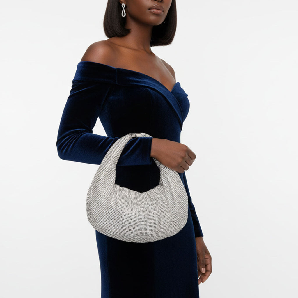 Hobo Bag Clutch with Silver Rhinestone Mesh – Stylish Statement Accessory