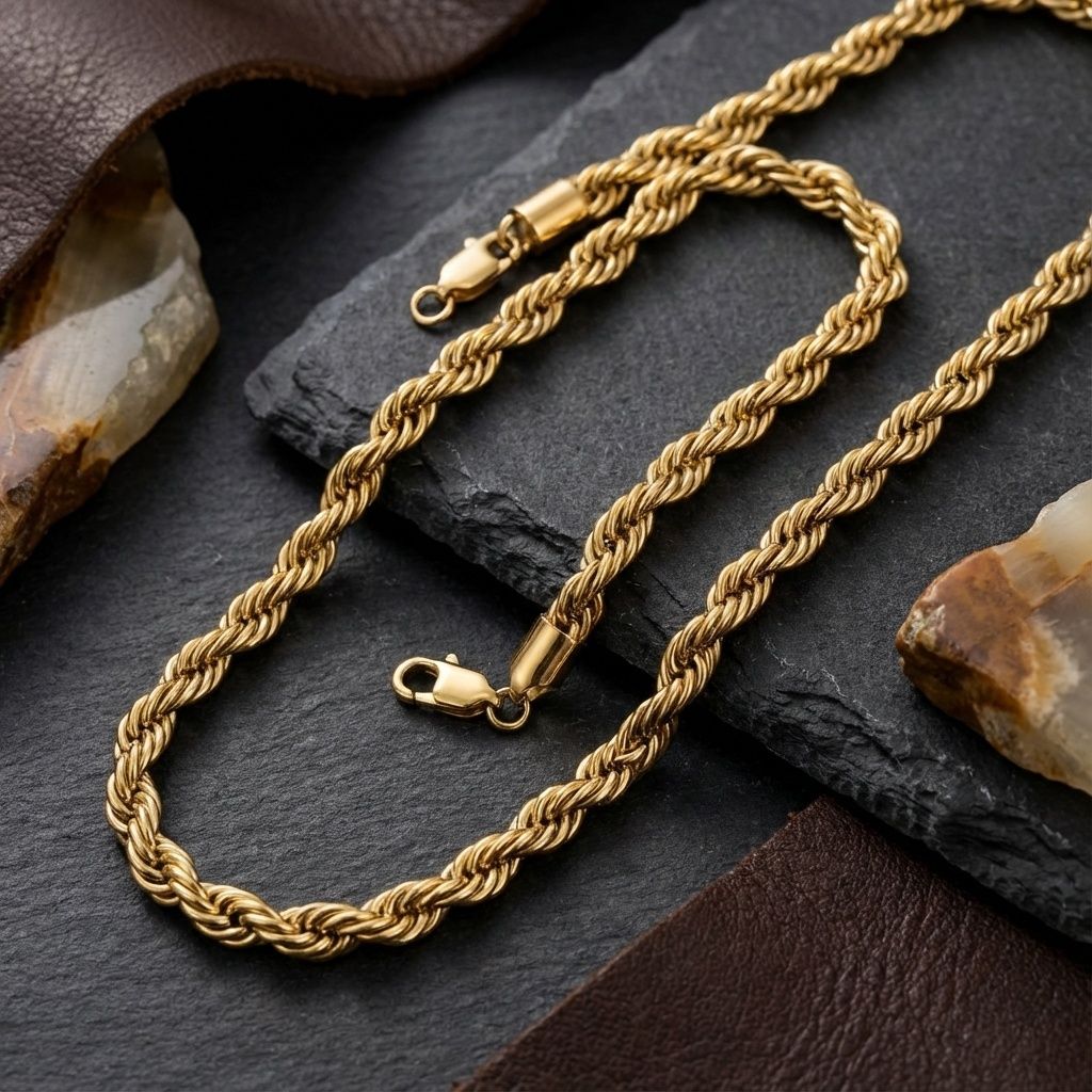 Men’s 20in 8mm 18K Gold Stainless Steel Rope Chain Stylish Jewelry Necklace