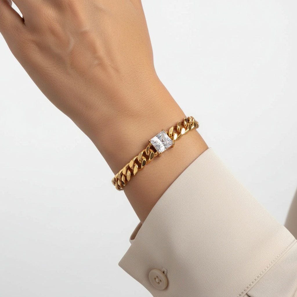 Cuban Chain Bracelet 18K Gold Steel with Princess CZ – Stylish Statement Jewelry