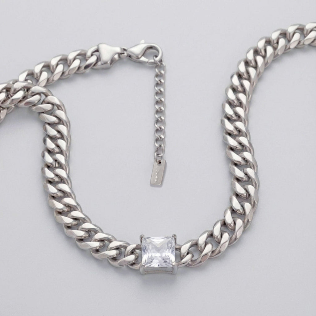 Cuban Chain Necklace Stainless Steel Princess CZ Stylish Statement Jewelry