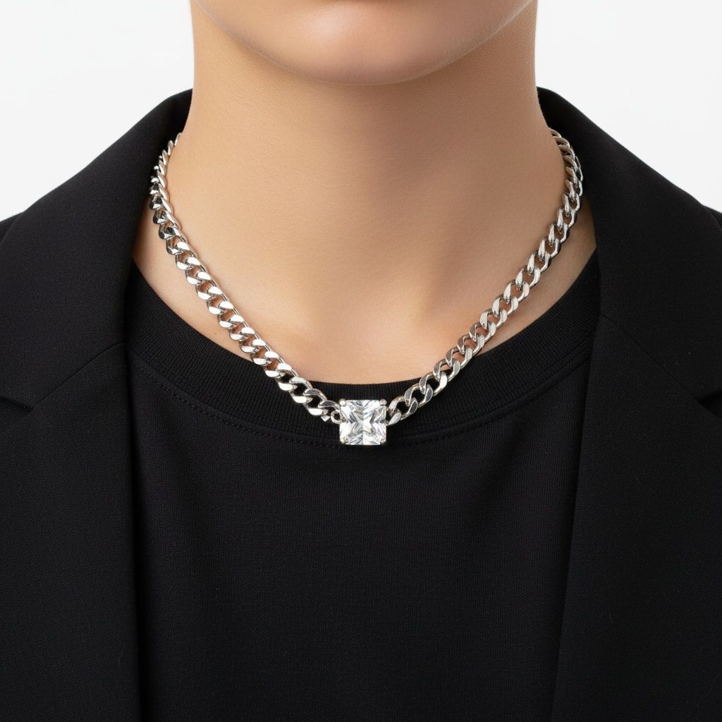 Cuban Chain Necklace Stainless Steel Princess CZ Stylish Statement Jewelry