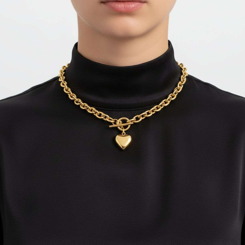 Toggle Heart Rolo Chain Necklace 18K Gold Steel Stylish Statement Jewelry