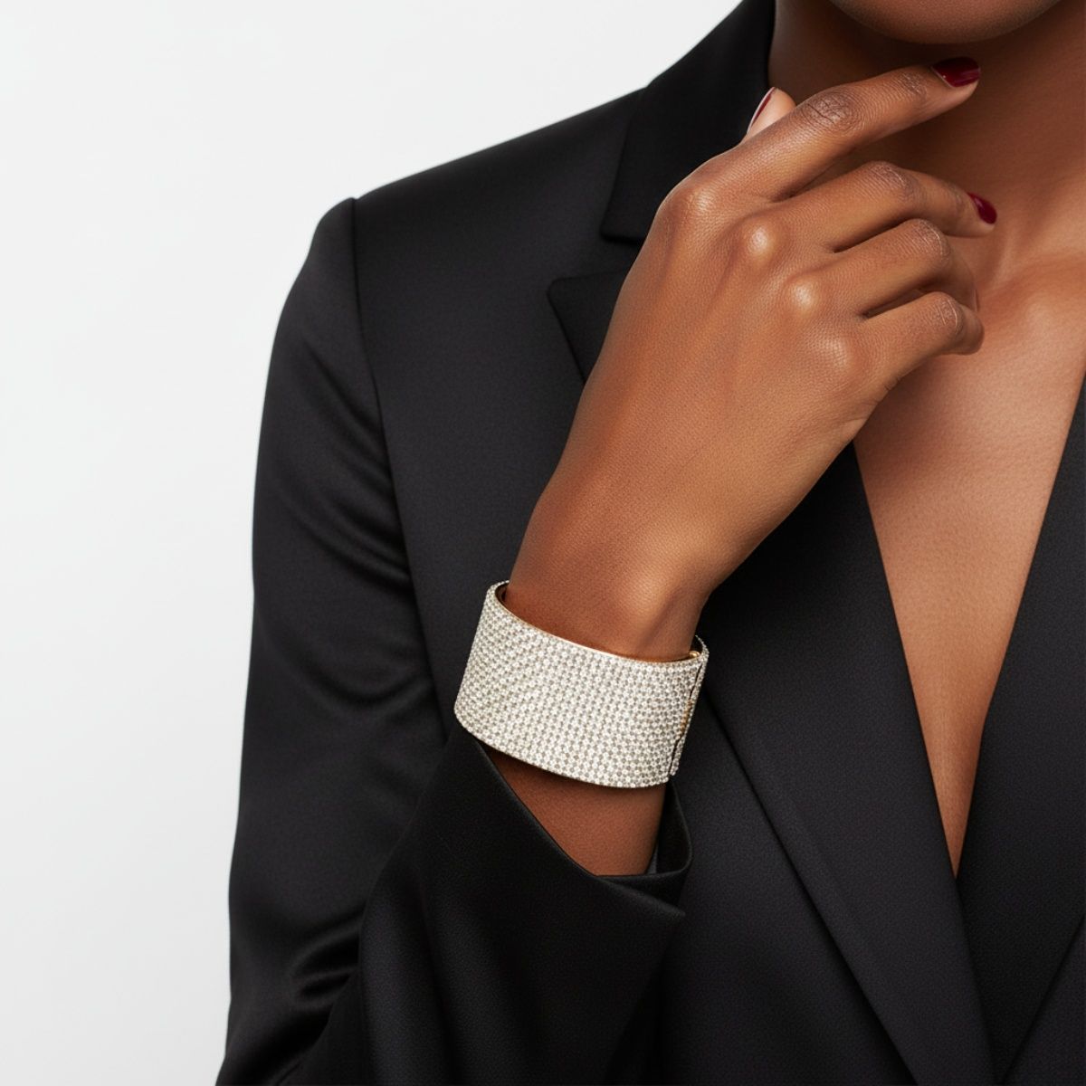 Pave Finish Statement Cuff Bracelet – Trendy Elegant Glamor Cream Design