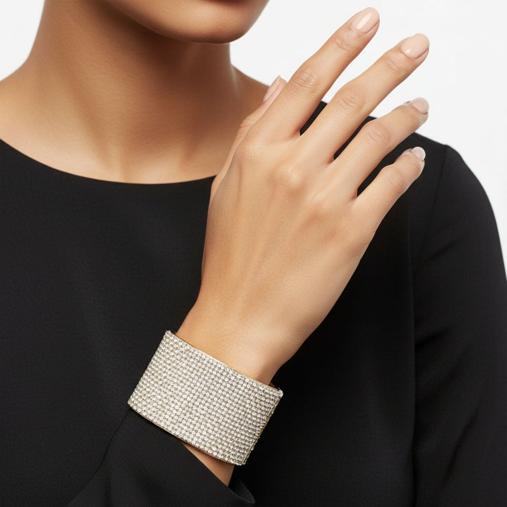Pave Finish Statement Cuff Bracelet – Trendy Elegant Glamor Cream Design