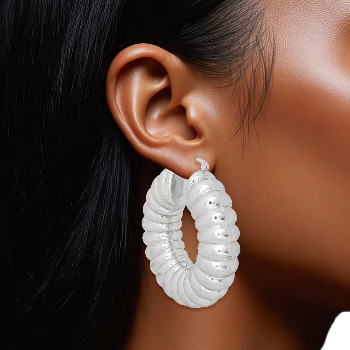 Chunky Silver Hoop Earrings Ribbed Bubble Statement Fashion Jewelry