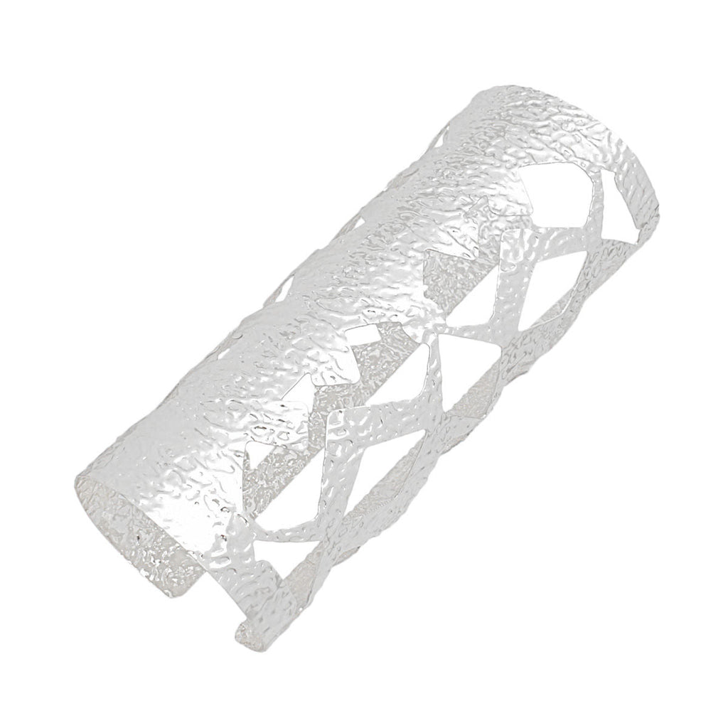 Long Silver Textured Cuff Bracelet with Cutout Armor Design – Stylish Statement Jewelry