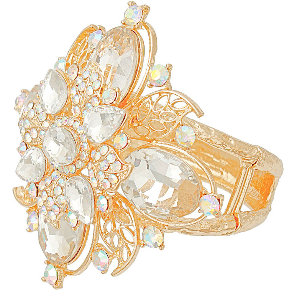 Crystal Flower Gold Filigree Statement Cuff Bracelet