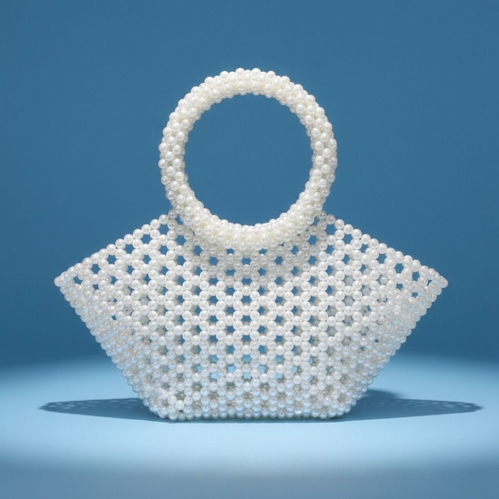 Fashion Handbag Top Handle Trapeze White Pearl Woven Stylish Bag