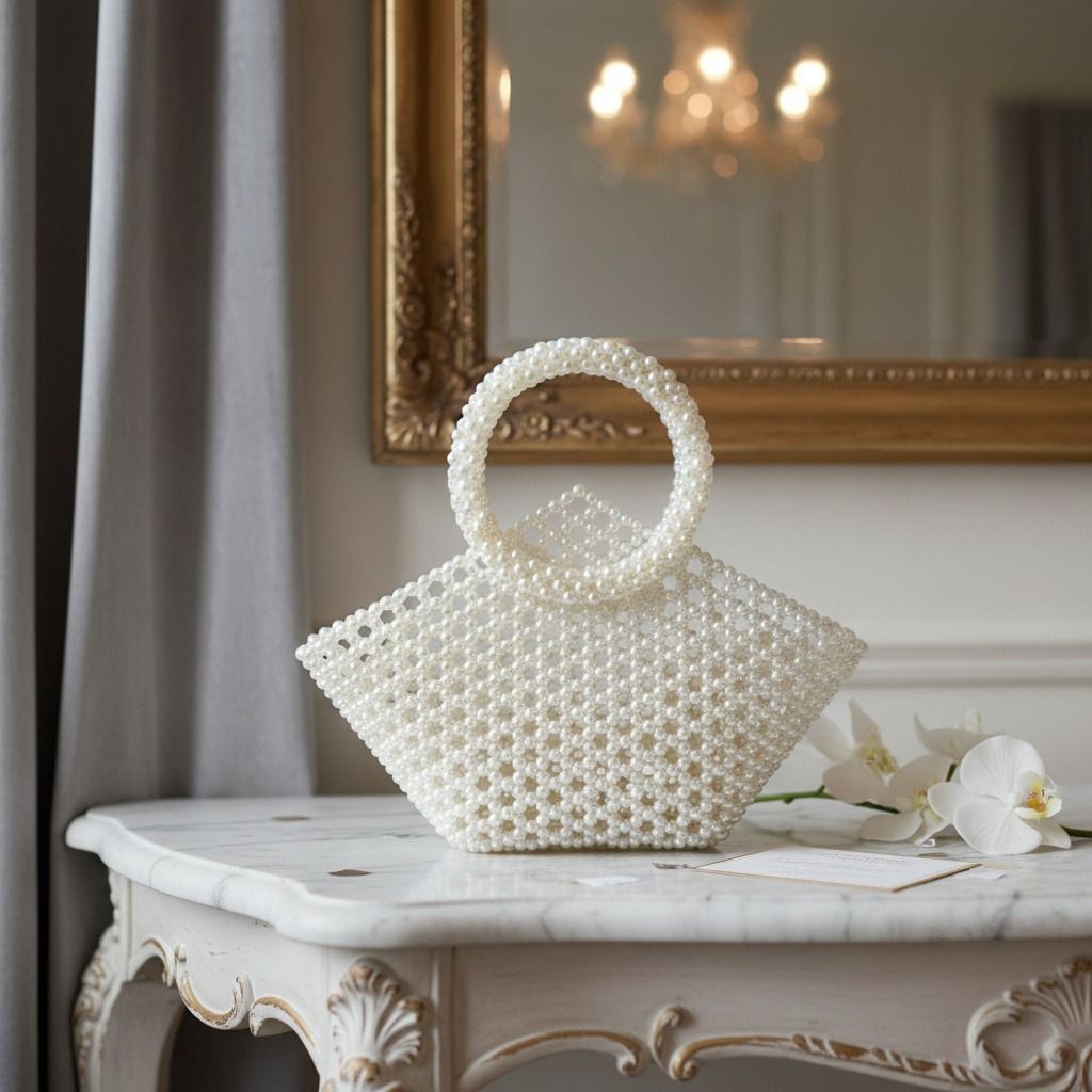 Fashion Handbag Top Handle Trapeze White Pearl Woven Stylish Bag
