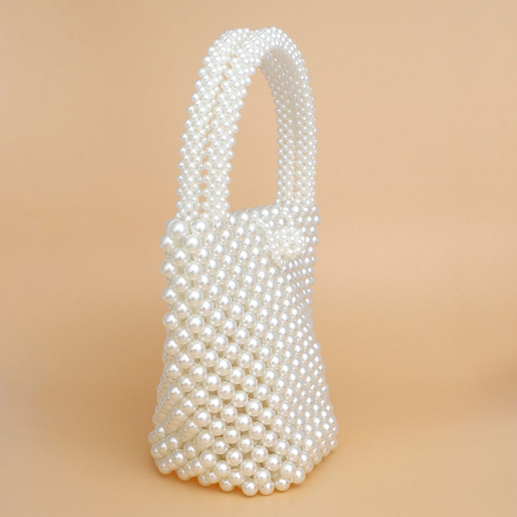 Fashion Handbag Top Handle Bucket Bag Cream Pearl Woven Handmade Chic