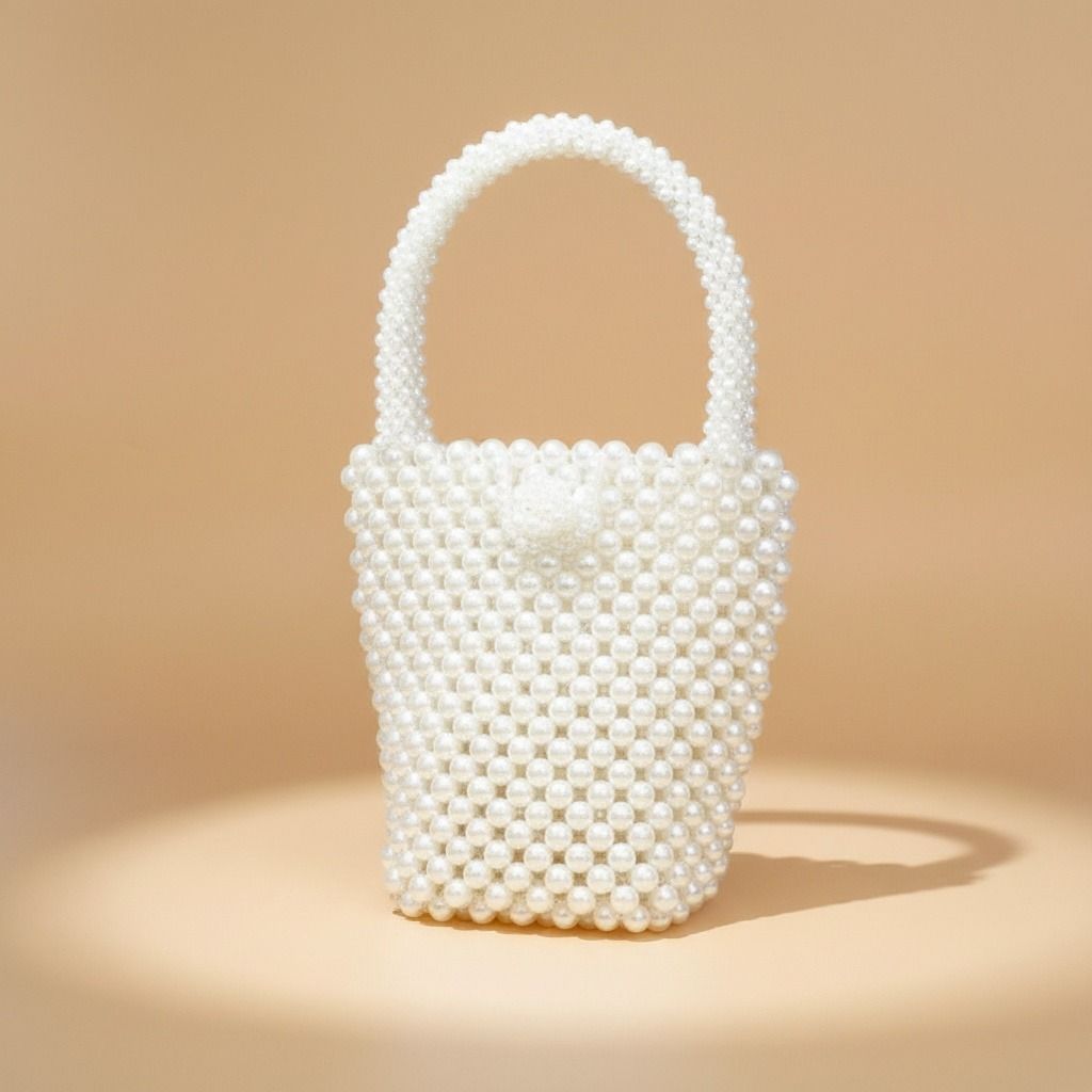 Fashion Handbag Top Handle Bucket Bag Cream Pearl Woven Handmade Chic
