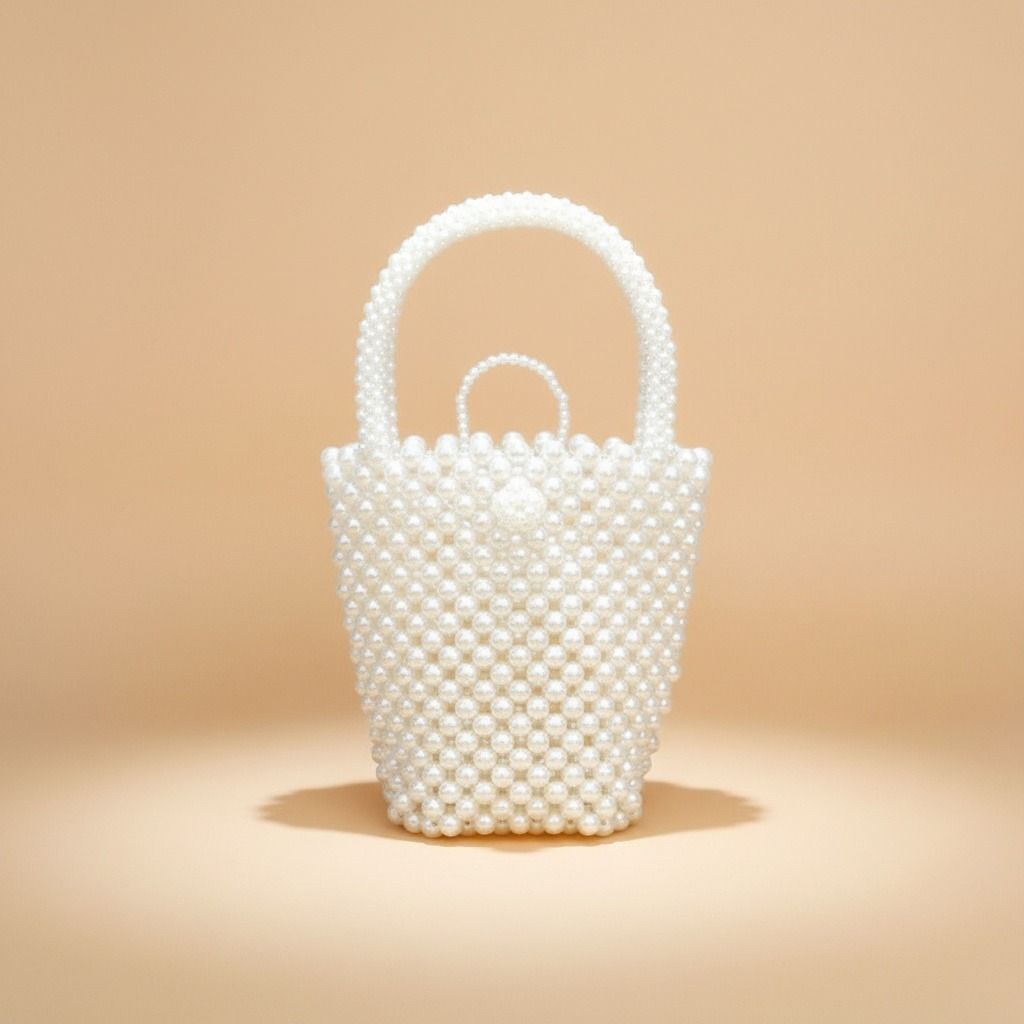 Fashion Handbag Top Handle Bucket Bag Cream Pearl Woven Handmade Chic