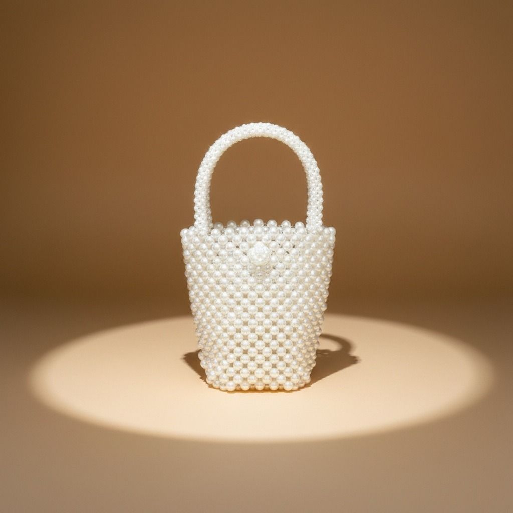 Fashion Handbag Top Handle Bucket Bag Cream Pearl Woven Handmade Chic