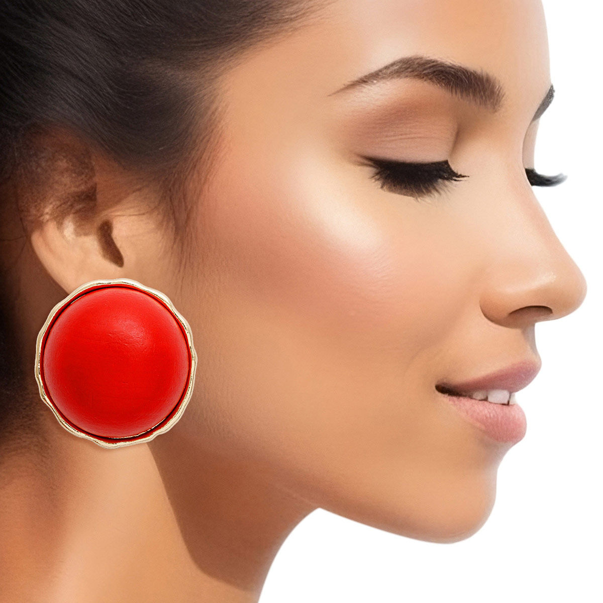 Large Red Wood Domed Stud Earrings Stylish Women’s Jewelry