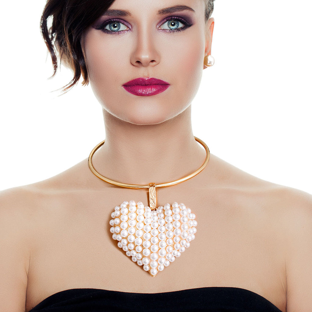 Chunky Statement Necklace with Cream Pearl Domed Heart Pendant Stylish Jewelry Accessory