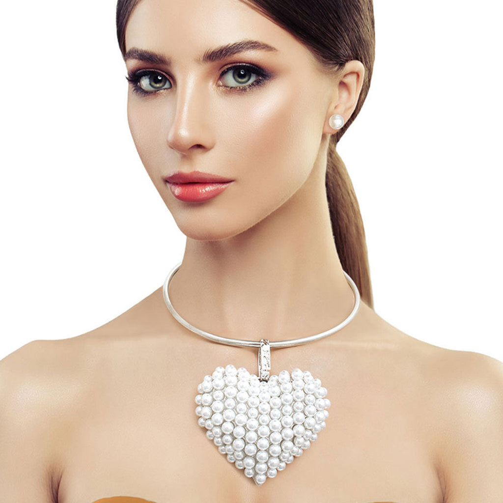 Chunky Statement Necklace White Pearl Domed Heart Stylish Jewelry