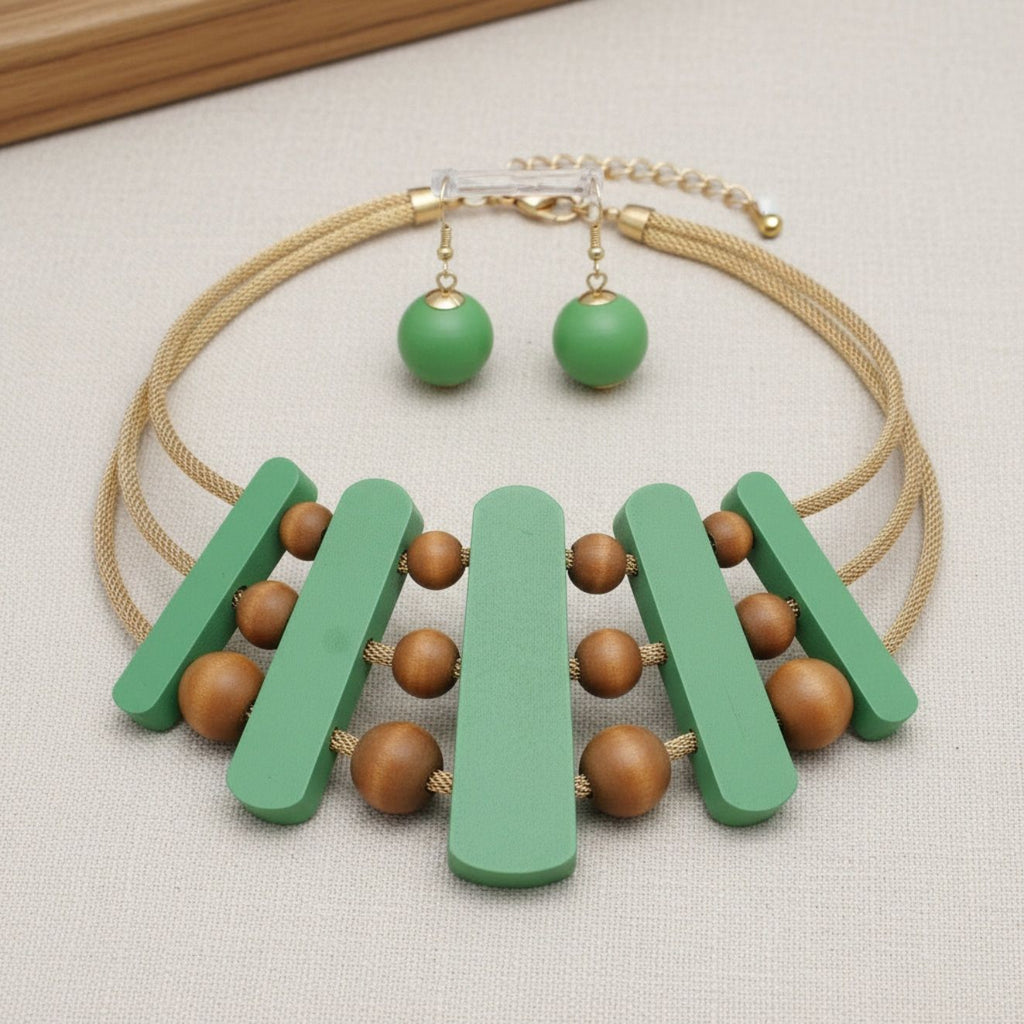 Women’s Green Wood Choker Necklace Set Stylish Casual Jewelry