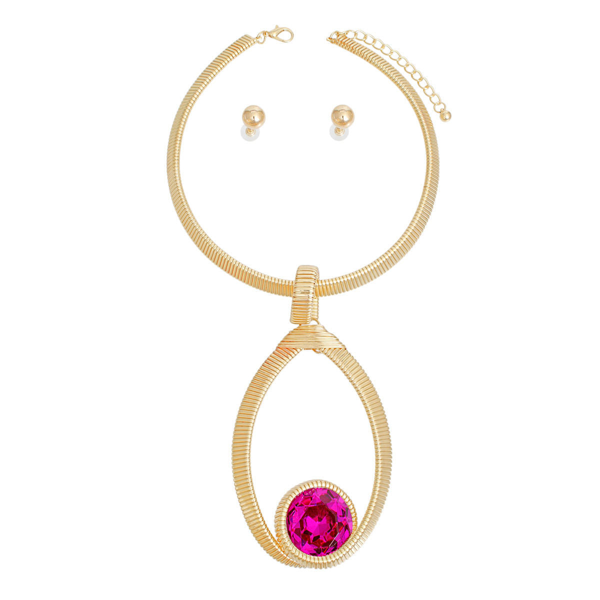 Women’s Statement Choker with Fuchsia Ribbed Oval Pendant Stylish Necklace