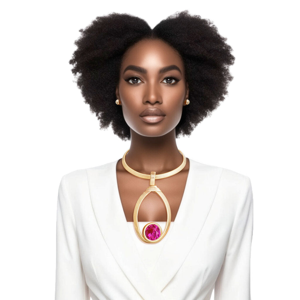 Women’s Statement Choker with Fuchsia Ribbed Oval Pendant Stylish Necklace