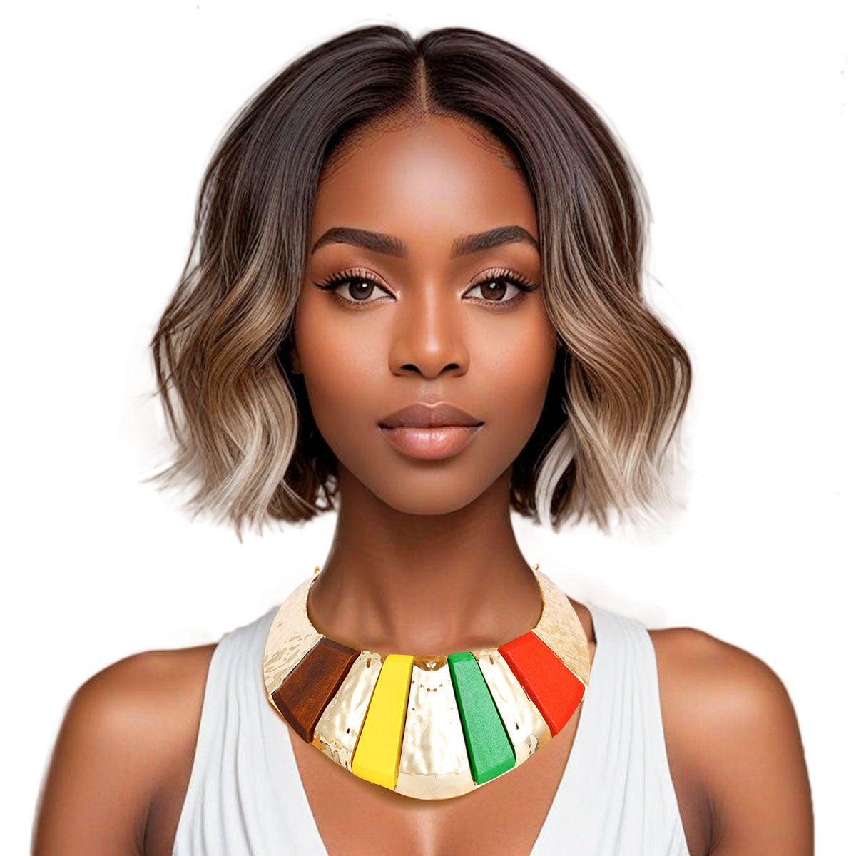 Statement Collar Necklace Bold Multicolor Wood Gold Armor Design