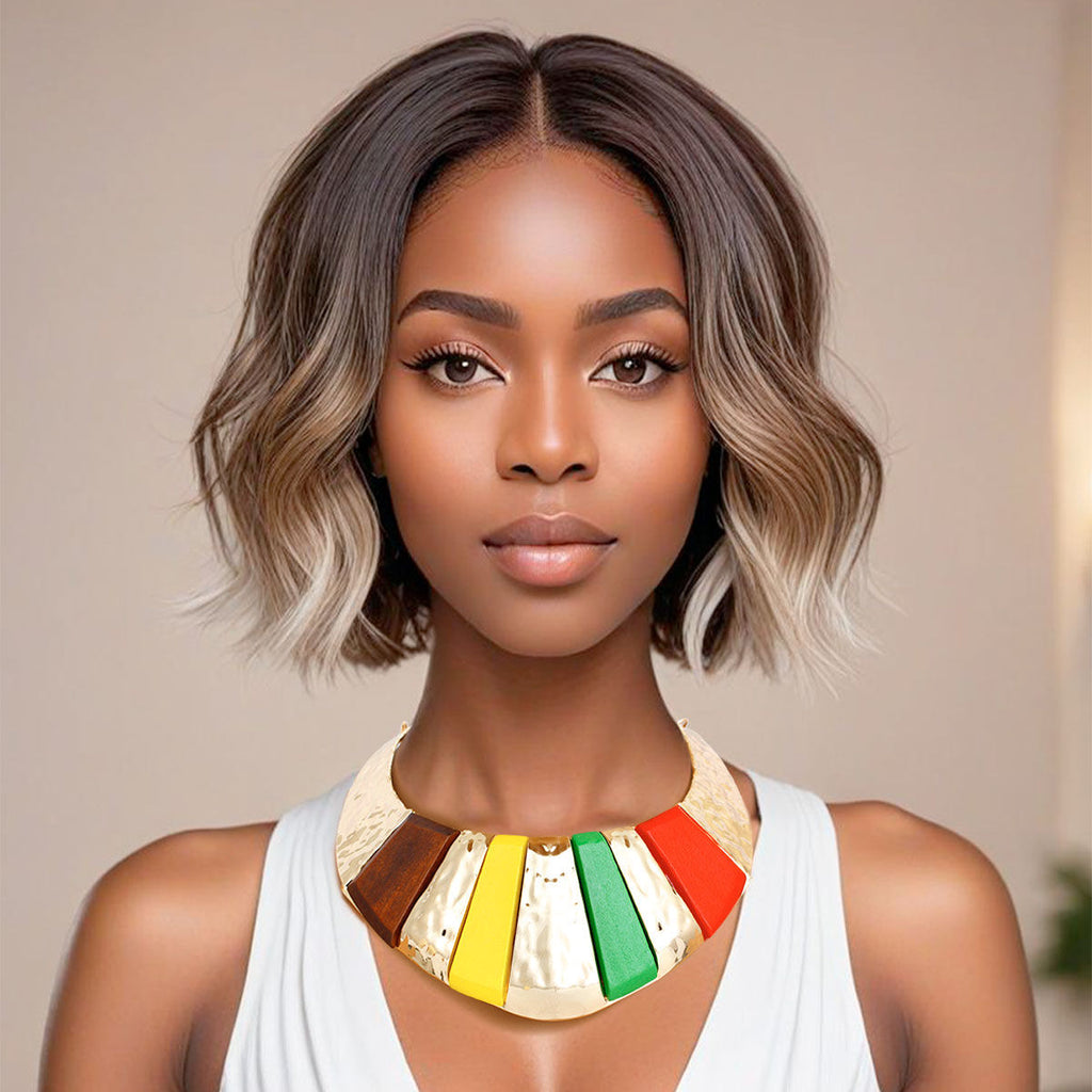 Statement Collar Necklace Bold Multicolor Wood Gold Armor Design