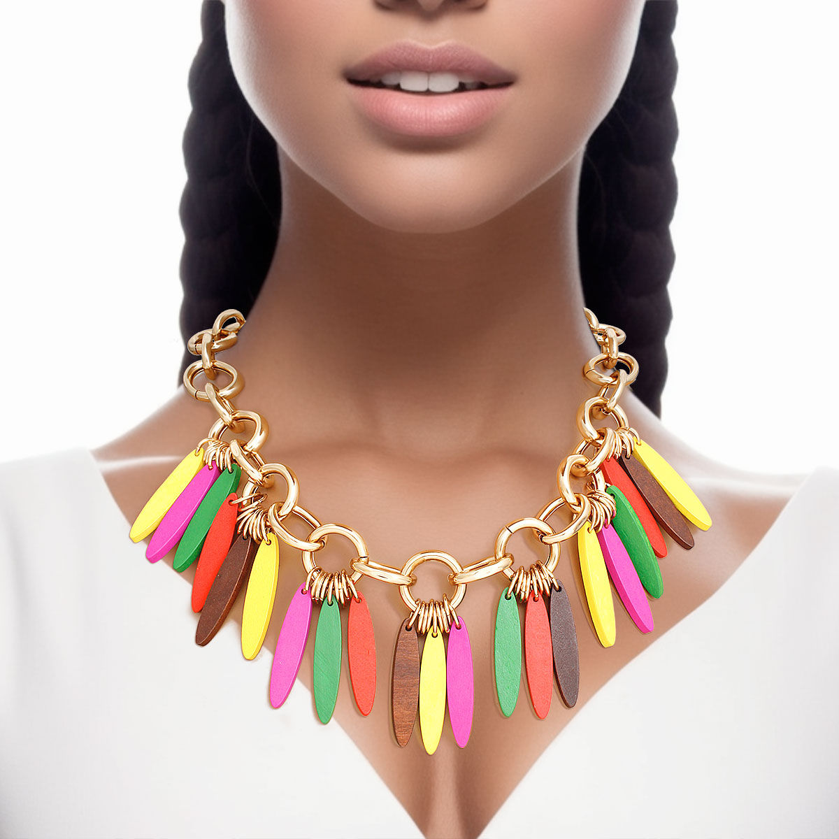 Statement Necklace Tribal Multicolor Wood Fringe for Women Stylish Chic Accessory