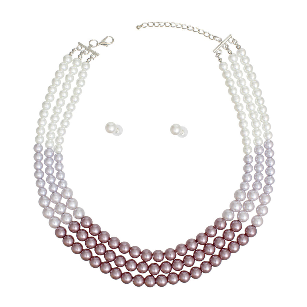 Statement 3-Strand Purple and White Glass Pearl Necklace Stylish Layered Jewelry Set