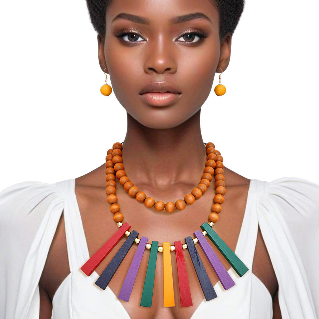 Wood Bead and Wood Bib Necklace Set for Women – Stylish Statement Jewelry