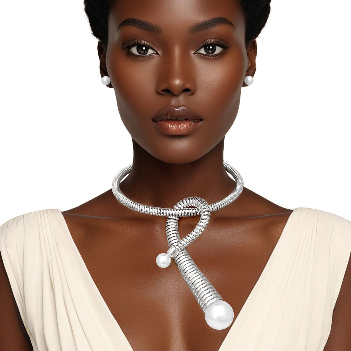 Statement Pendant Necklace Handmade Coiled Silver Pearl Loop Stylish Chic