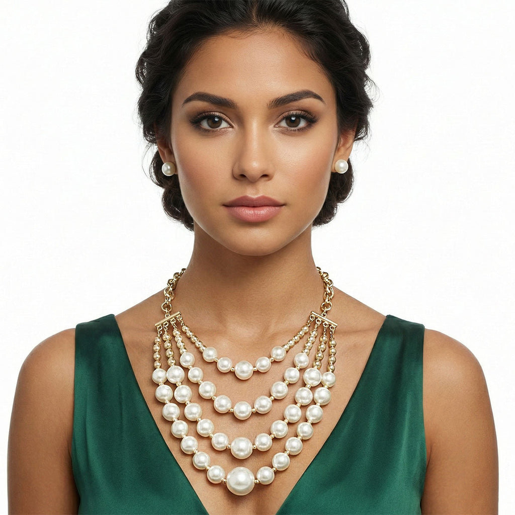 Statement Layered Bib Necklace with Cream Pearl and Gold Beads, Trendy and Elegant