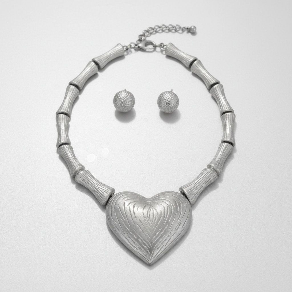 Modern Matte Silver Bamboo Heart Pendant Necklace Stylish Statement Jewelry