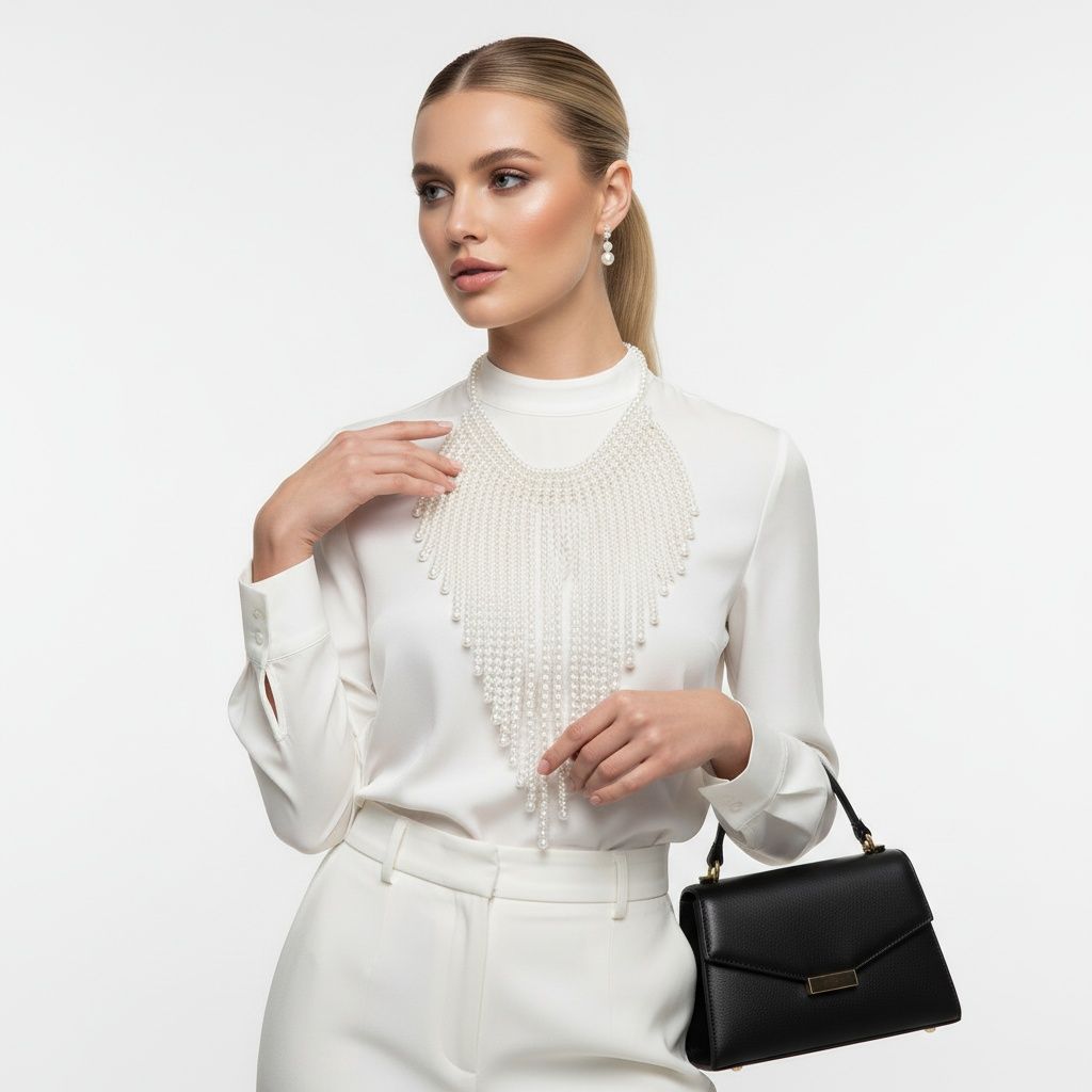 Statement Bib Choker Necklace with Cream Pearl Fringe, Trendy Elegant Jewelry
