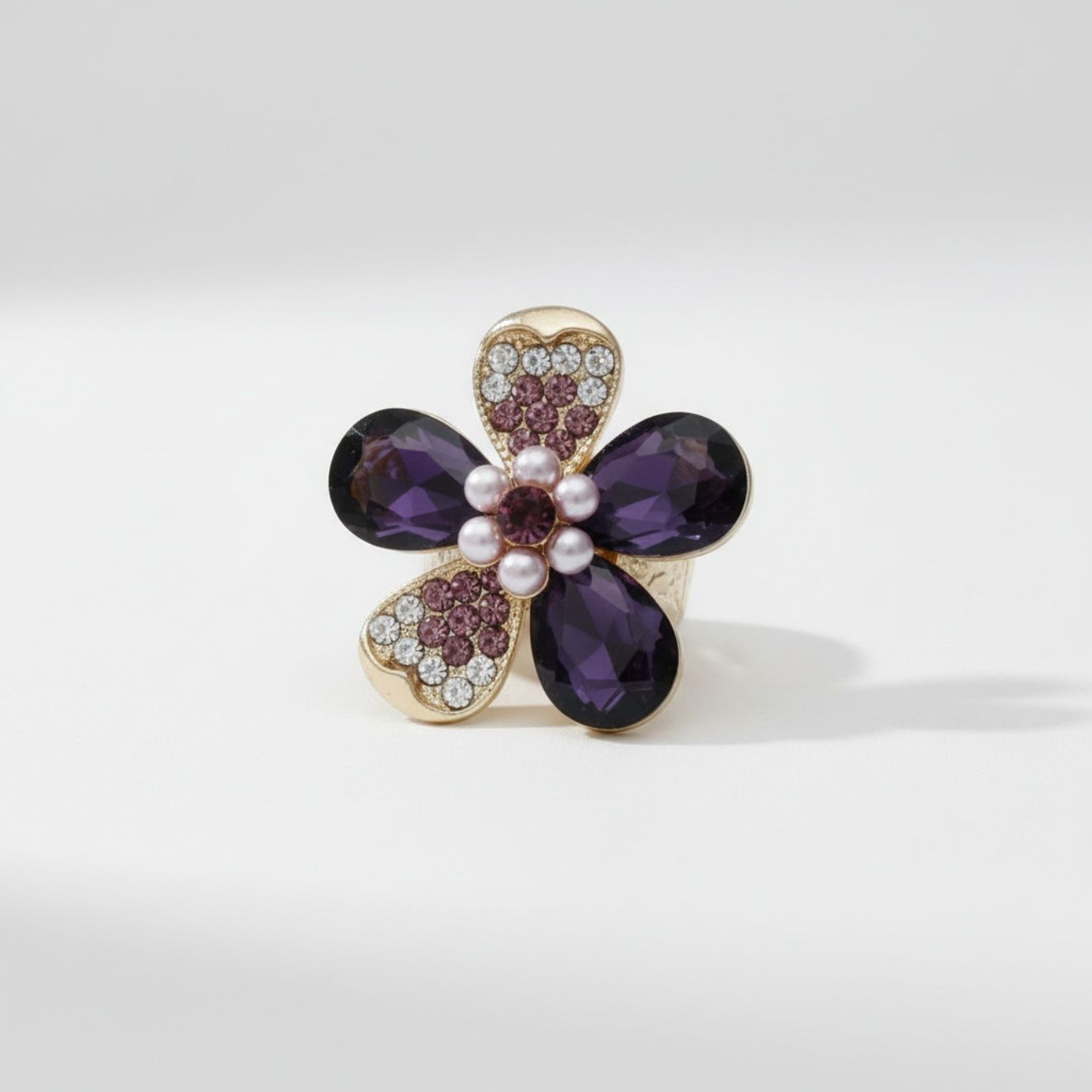 Statement Cocktail Ring Purple Teardrop Crystal Flower Design