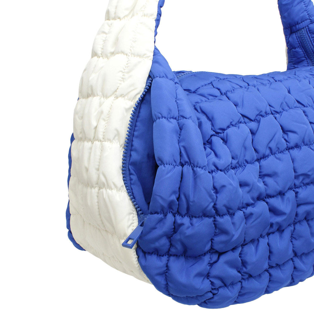 Quilted Large Shoulder Bag Blue Ivory Stylish Fashion Handbag