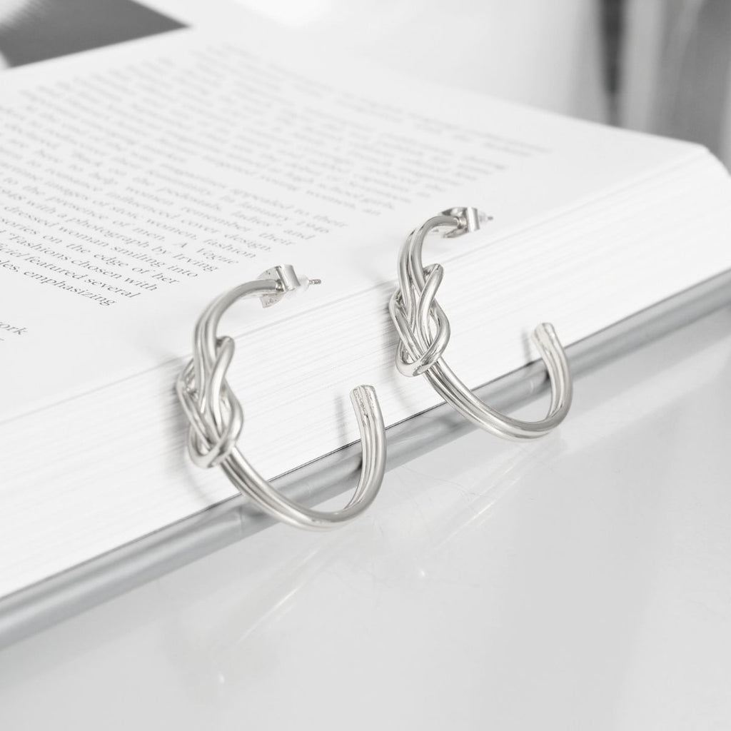 Hoop Earrings 14K White Gold Infinity Knot Stylish Post Hoops