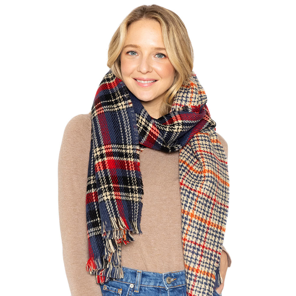 Reversible Navy Plaid Houndstooth Scarf – Stylish Fashion Accessory