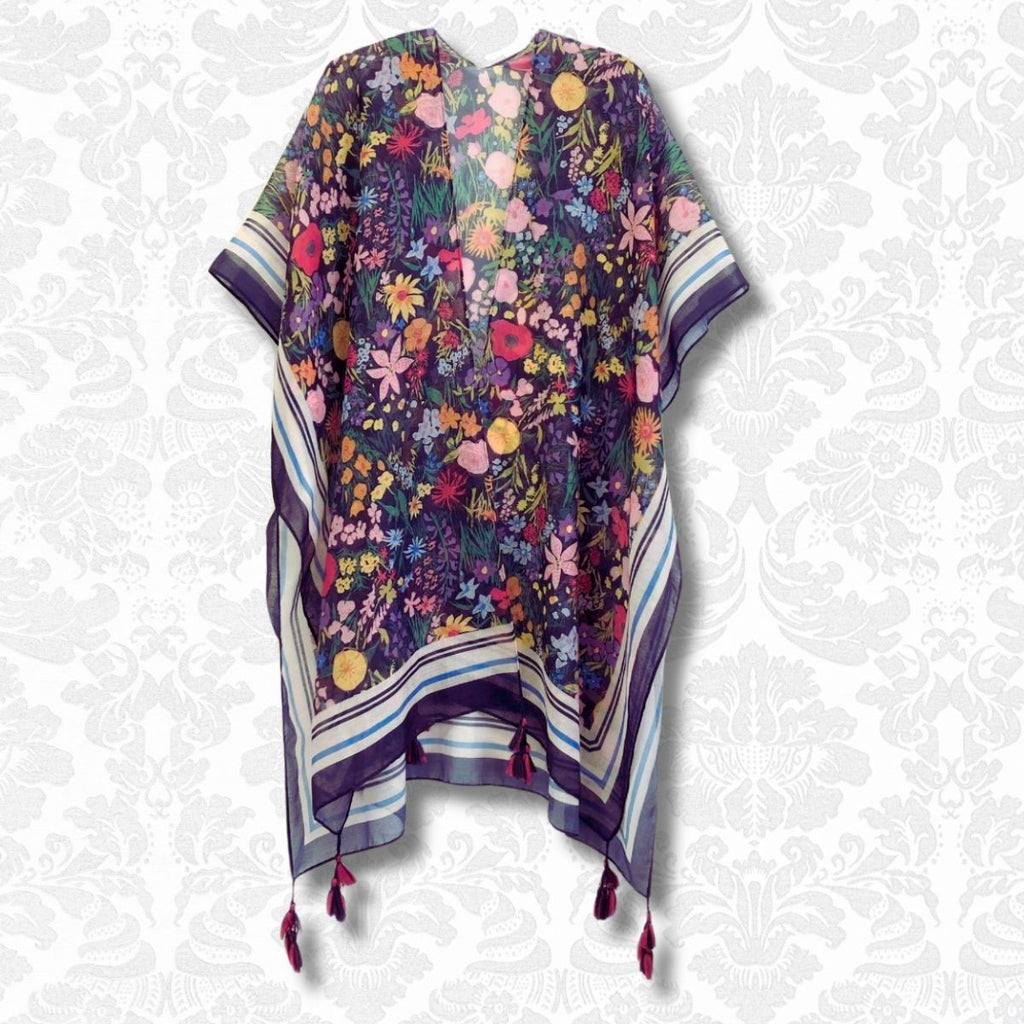 Women’s Black Border Floral Kimono with Tassel – Stylish Casual Layered Cover-Up