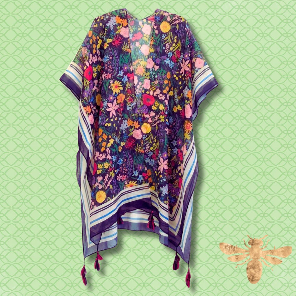 Women’s Black Border Floral Kimono with Tassel – Stylish Casual Layered Cover-Up