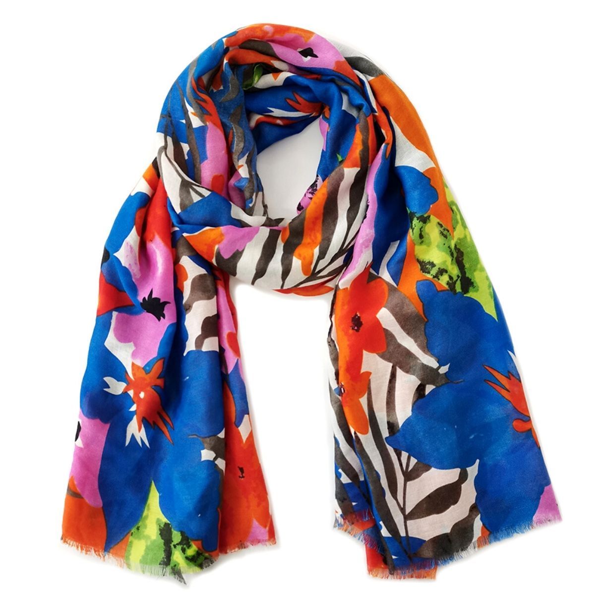 Long Blue Watercolor Floral Scarf – Stylish Elegant Fashion Accessory