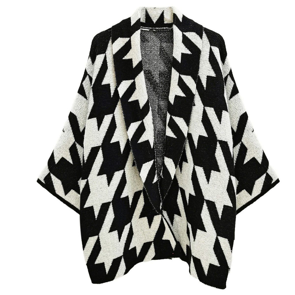 Women’s Houndstooth Knit Cardigan Black White Stylish Chic Layered